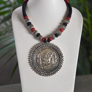 Handmade Silver Round Ganesha Pendant Necklace Ethnic Tribal Fashion Gypsy